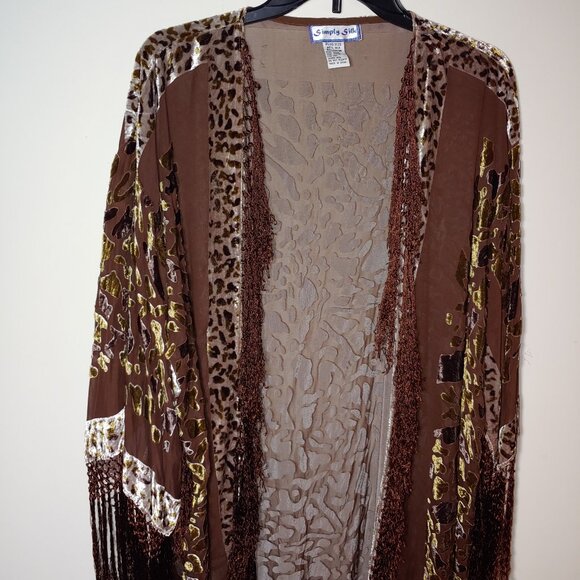 Simply Silk Fringe Burnout Velvet Maxi Kimono Cardigan Women Plus Size Brown - Picture 5 of 9